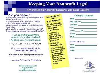 New Workshop – Keeping Your Nonprofit Legal 2020 from the Lenawee Community Foundation