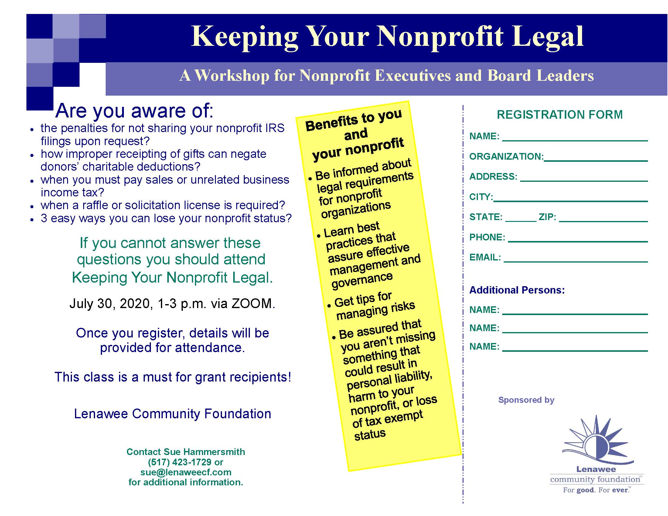 New Workshop – Keeping Your Nonprofit Legal 2020 from the Lenawee Community Foundation