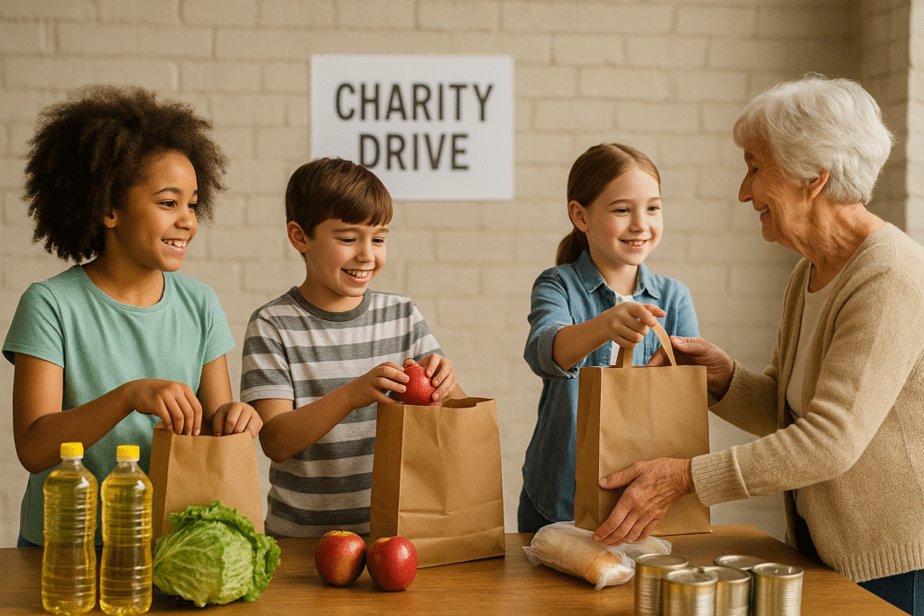 Children helping at a local charity drive packing grocery bags and handing food to an older woman